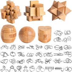 several pieces of wood and metal are arranged in the shape of puzzles with scissors