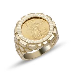 Here's a Signet Ring. From our Rings Collection, this 10K Yellow Gold Nugget Design Coin Signet Ring features Diamond-Cut & Shiny finish. Product Details:Metal: Real 10K Gold Average Weight: Size 9: 8.90 gramsLength: SelectableWidth: Just over 3/4" x 7/8" = 21mm x 22mmClasp/Bail: Can be resized down or up at your local jeweler. Rings Collection, Gold Nugget, Stylish Rings, Average Weight, Ring Collections, Signet Ring, 10k Gold, Diamond Cut, Diamond Cuts