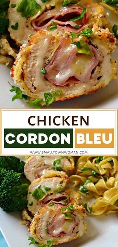 chicken cordon bleu with pasta and broccoli on the side is shown