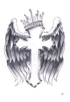 an angel cross with wings and a crown on the top is shown in this tattoo design