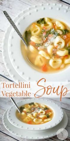 tortellini vegetable soup in a white bowl with a spoon on the side and an orange text overlay reading tortellini vegetable soup