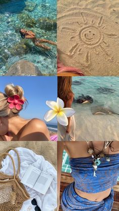 four different pictures with people in the water and one has a flower on her head