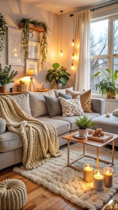 a living room filled with furniture and lots of plants on the windows sills