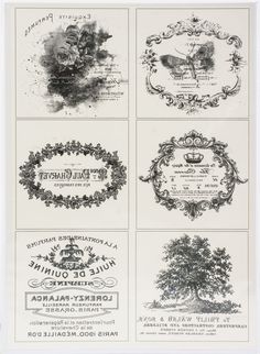 four different types of wine labels in black and white