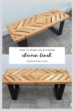 an outdoor bench made out of wooden planks and metal legs with the words how to make