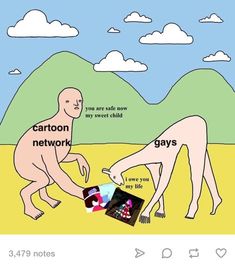 an image of two people in front of a mountain with the caption cartoon network says gays, you are safe from my sweet child