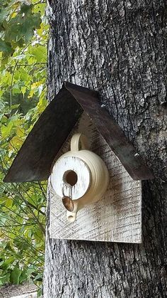 a bird house hanging from the side of a tree