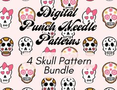 skulls with bows and hearts on pink background for digital punch media patterns, 4 skull pattern bundle