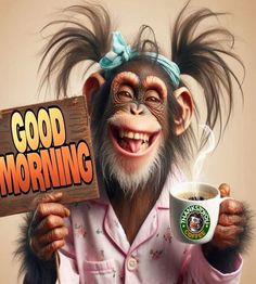 a monkey holding a cup of coffee and a sign that says good morning