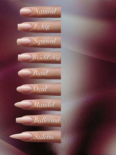 Bailarina Nail Shape, Nails Design Names, Name Of Nail Shapes, Nail Shapes And Names, Flair Nails Shape, Fake Nails Inspiration, Nail Ideas Extensions, Nails Sizes Shape Chart, Nails Sizes Shape