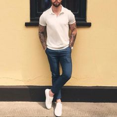 Shop this look on Lookastic: https://lookastic.com/men/looks/white-polo-navy-chinos-white-low-top-sneakers/21059   — White Polo  — Navy Chinos  — White Low Top Sneakers Comfortable White Shoes, Polo Shirt Outfits, Latest Summer Fashion, White Polo Shirt, Mens Style Guide, White Polo, Mens Casual Outfits