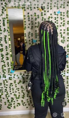 Knotless Braids With Green In The Back, Black Green Knotless Braids, Jumbo Box Braids Peekaboo, Braided Hairstyles For Black Women Peek A Boo, Peekaboo Hair Color Braids With Curls, Black And Green Faux Locs, Black And Green Hairstyles, Knotless Box Braids With Green, Green Peekaboo Braids With Curls