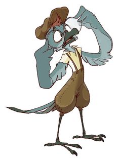 a cartoon bird wearing a hat and holding his head in one hand, with its eyes closed