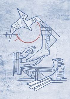 an image of a blueprint drawing with hands and objects in the background that appear to be hand - drawn