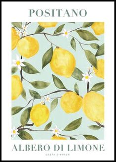 a painting of lemons with leaves and flowers on a light blue background that says positanoo