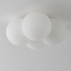 three white balls are hanging from the ceiling