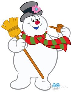 a snowman with a hat and scarf holding a broom in one hand and wearing a top hat on the other