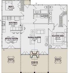 the floor plan for a two story house with an attached kitchen and living room area