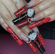 Y2k Punk Nails, Y2k Nails Acrylic Hello Kitty, Scene Acrylic Nails, Long Alt Nails, Red And Black Y2k Nails, Y2k Halloween Nails, Snooki Nails, Y2k Nails Long, Nails Y2k Long