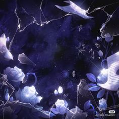 an image of flowers and birds flying in the night sky with stars on it's back ground