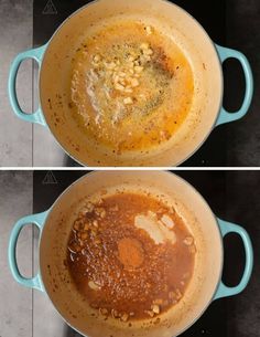 two pictures showing how to cook beans in a pot