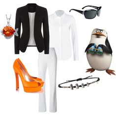 the penguin is wearing white pants and a black blazer, with an orange high heeled shoe