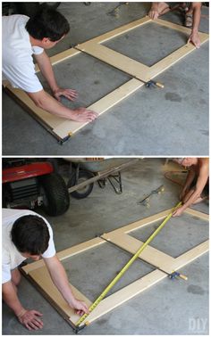 two pictures showing how to make a diy table with wood planks and tape