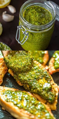 there are two pictures of chicken with pesto on it