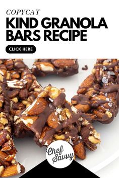 chocolate covered granola bars on a white plate with text overlay that says copycat