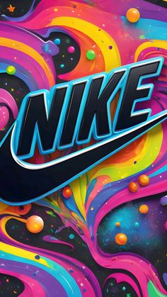 the nike logo is painted in bright colors and has an abstract swirl pattern on it