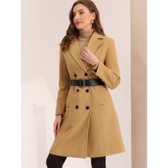 Stay warm and stylish with this lapel-collar winter coat, which is perfect for chilly weather. The belted waist and double-breasted design create a flattering silhouette that's both fashionable and practical. Made of warm materials, this long coat is durable and comfortable to wear all day long. The lapel collar adds an extra touch of elegance to the overall look. Perfect for dressing up or down. This versatile winter coat is great for any occasion. Winter Pea Coat With Double Button And Suit Collar, Winter Pea Coat With Double Button Closure, Belted Wool Coat With Lapel Collar For Winter, Winter Pea Coat With Button Closure And Suit Collar, Winter Workwear Pea Coat With Suit Collar, Winter Belted Pea Coat With Lapel Collar, Winter Pea Coat With Belt And Lapel Collar, Winter Pea Coat With Belted Lapel Collar, Collared Winter Pea Coat For Workwear