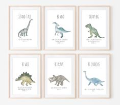 four framed dinosaur prints in different colors and sizes