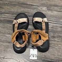 Brand New Condition Beige Flat Sport Sandals For Spring, Flat Beige Sport Sandals For Spring, Beige Leather Sport Sandals For Summer, Summer Beige Leather Sport Sandals, Spring Vacation Beige Sport Sandals, Beige Ankle Strap Sport Sandals For Spring, Flat Beige Sport Sandals, Beige Ankle Strap Sport Sandals For The Beach, Beige Flat Sandals By Zara