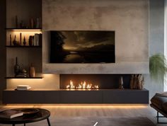 a modern living room with a fireplace in the center