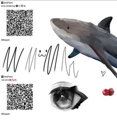 a drawing of a shark and some other things on the page with qr code