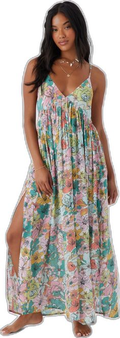 V-neck Floral Print Maxi Dress For Beach, Flowy Midi Dress For Spring Beach Cover-up, Sleeveless Printed Maxi Dress Beach Cover-up, Flowy Casual Midi Dress For Beach Cover-up, Casual Flowy Midi Dress For Beach Cover-up, Breezy Floral Print Maxi Dress, Beachwear Floral Print Maxi Dress, Green Maxi Dress For Daywear, Tropical Maxi Length Dress With Floral Print