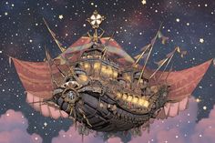 an image of a ship floating in the sky with stars and clouds around it,