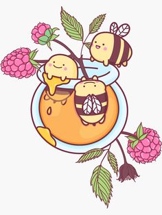 two bees sitting on top of a bowl of honey and raspberry jam next to some pink flowers