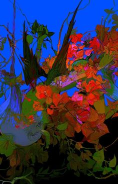 an abstract painting of leaves and flowers against a blue sky