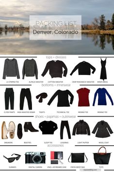 an image of clothing and travel items for the winter season, with text overlaying it