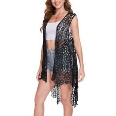 Transform your beachside look with the Anna-Kaci Women's Boho Crochet Long Vest Top Sleeveless Lace Cardigan Duster Swimwear Cover Ups. This versatile piece features intricate crochet lace detailing and a flowing sleeveless design, perfect for layering over swimwear or pairing with casual outfits. Crafted from lightweight and breathable fabric, it offers comfort and style for sunny days by the water or casual outings. Whether worn as a swim cover-up or boho-inspired Duster, this lace cardigan ad Lace Open Front Cover-up For Summer, Sleeveless Vest For Beach In Summer, Beach Vest For Summer, Sleeveless Summer Vest For Vacation, Casual Beach Vest With Stretch, Sleeveless Stretch Cover-up For Beach Party, Stretch Sleeveless Cover-up For Beach Party, Sleeveless Stretch Cover-up For Beachwear, Sleeveless Stretch Beachwear Cover-up