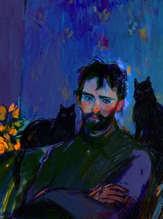 a painting of a man with cats on his shoulder