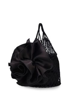 Height: 22.5cm Width: 14cm Depth: 14cm. Handle drop: 12cm. Single top handle. Satin flower appliqué Magda Butrym, Drawstring Top, Crochet Tote Bag, Satin Flowers, Crochet Design, Crochet Tote, Black Crochet, Flat Espadrilles, Small Shoulder Bag