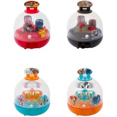 four different types of toys in a snow globe