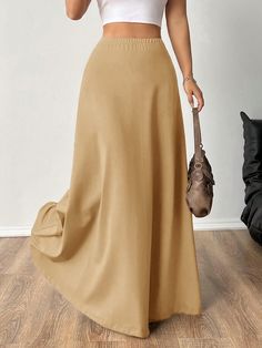 Women's Casual Solid Color Maxi Long Pleated Skirt, Autumn Khaki Casual   Knitted Fabric Plain Asymmetrical,Flared High Stretch  Women Clothing, size features are:Bust: ,Length: ,Sleeve Length: Long Sleeve Denim Jacket, Pleated Long Skirt, Girls Denim, Wearing Clothes, Outdoor Wear, Casual Sets, Wide Leg Denim, Kids Beachwear, Pleated Skirt