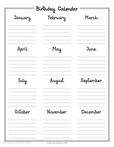 printable birthday calendar for kids with the names and date in each month on it