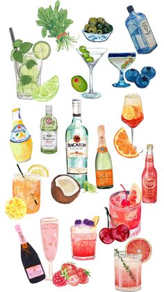 an image of various alcohols and drinks on a white background with watercolor effect