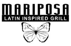 the logo for marposa latin inspired grill, with a butterfly flying over it