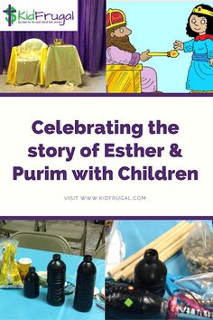 children's toys and crafts are featured in this postcard with the words celebrating the story of easter & purim with children