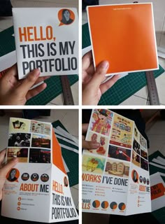 there are four pictures of someone holding up a brochure that says hello, this is my portfolio